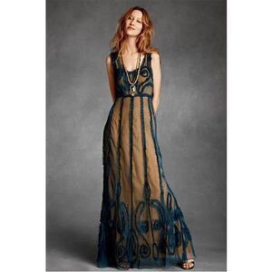 James Coviello Indigo Mist Blue/Saffron Sheer Ruffled Maxi Dress Sz 2 Romantic